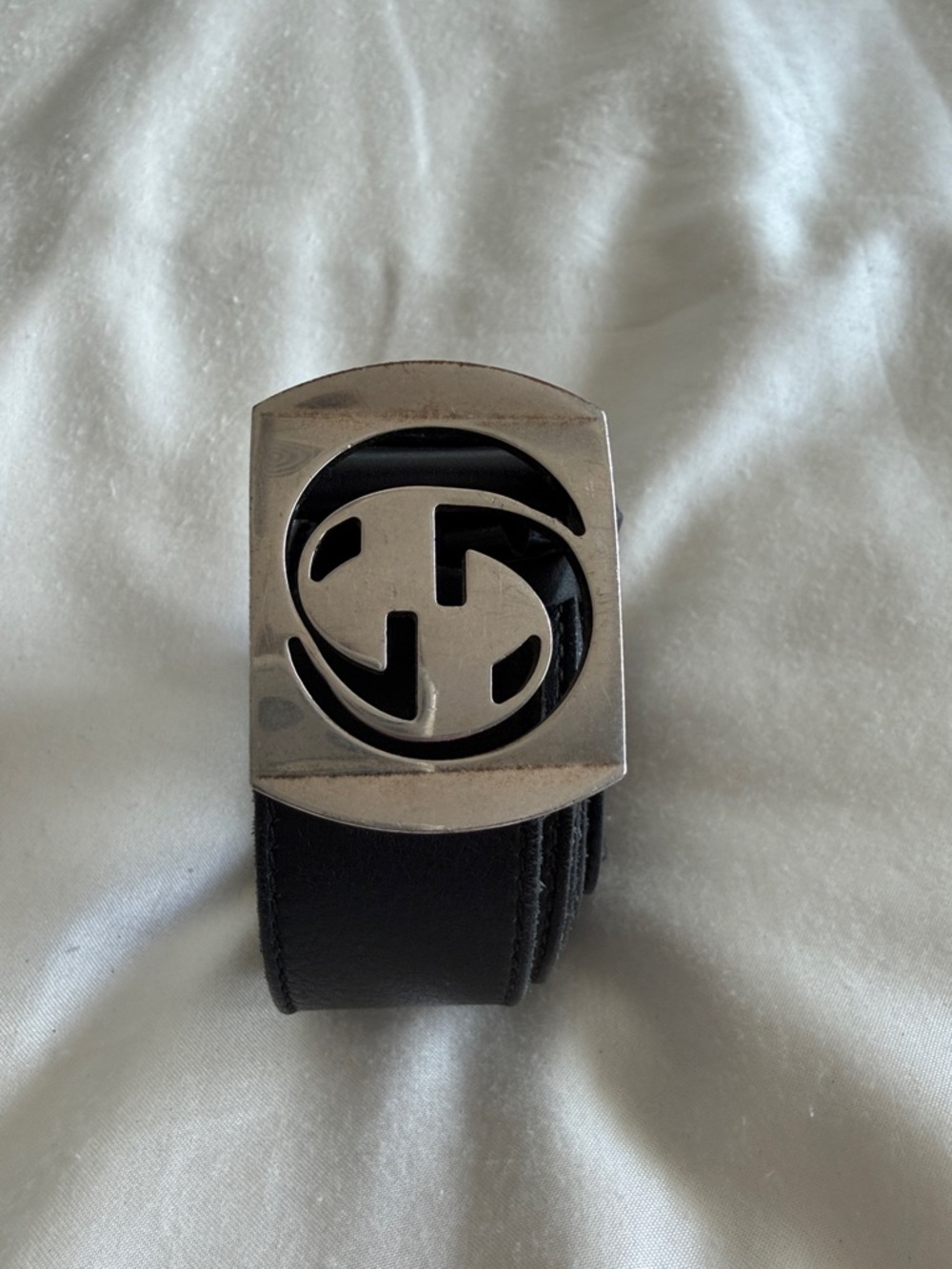 Gucci Black Leather Belt with Silver Interlocking G Buckle